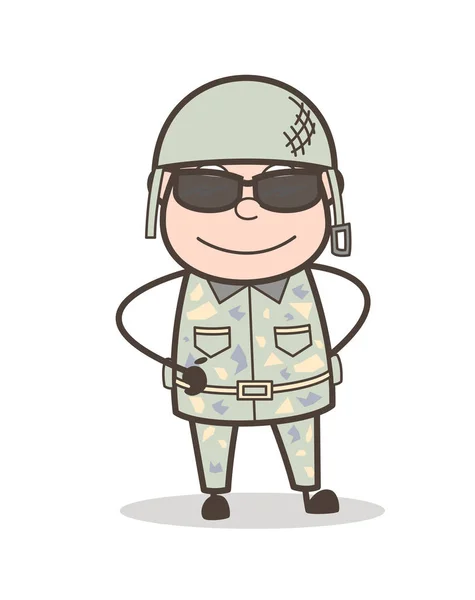 Dibujos animados hombre de moda del ejército con gafas de sol Vector Ilustración — Vector de stock