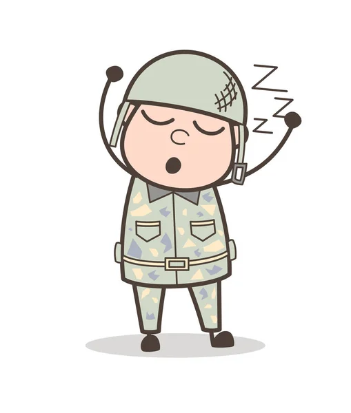 Dibujos animados cansado ejército hombre durmiendo y roncando vector ilustración — Vector de stock