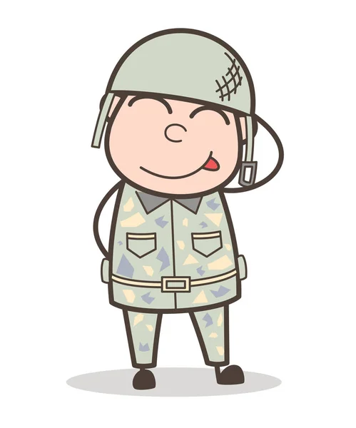 Cartone animato divertente esercito uomo bloccato-out lingua e arrossendo faccia vettoriale illustrazione — Vettoriale Stock