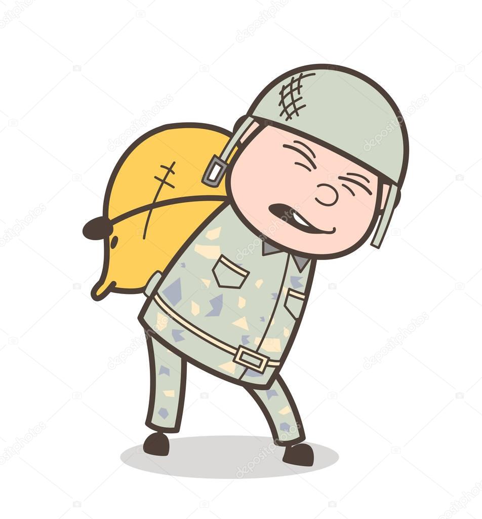 Cartoon Army Officer Carrying a Pack of Sack Vector Illustration