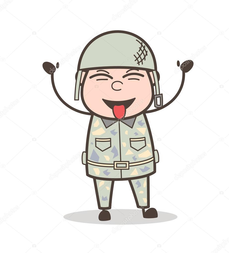 Cartoon Funny Army Man Laughing and Teasing Tongue Vector Illustration