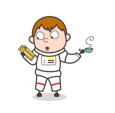 Bir kitap ve bir sıcak çay vektör çizim içme çizgi film astronot