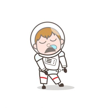 Komik kozmonot çalışan burun ve uyku yüzü vektör çizim karikatür