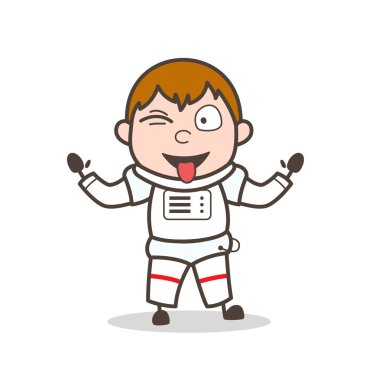 Çizgi film uzay yolcusu yüz Stuckout dil ve kırpan göz ile