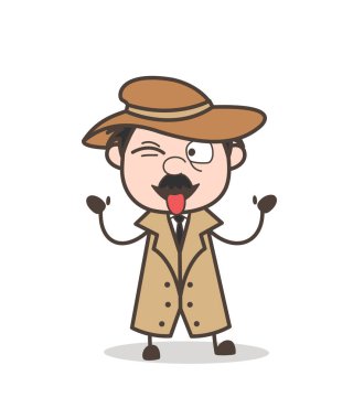 Çizgi film Dedektif yüz Stuckout dil ve kırpan göz ile