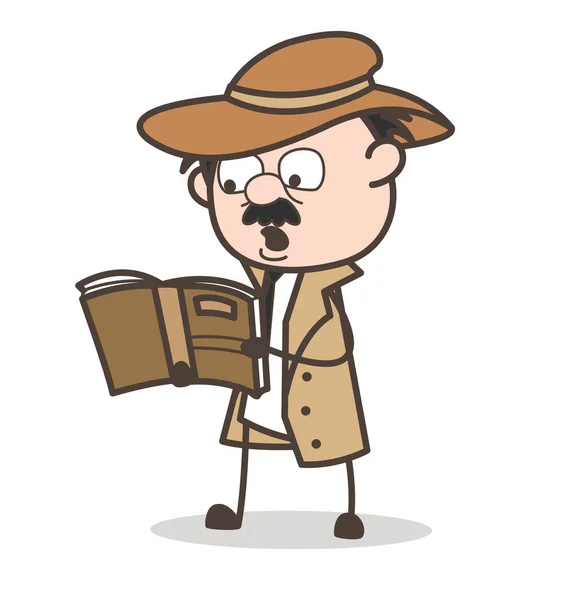 Dibujos animados Detective Reading Book Vector Illustration — Archivo Imágenes Vectoriales