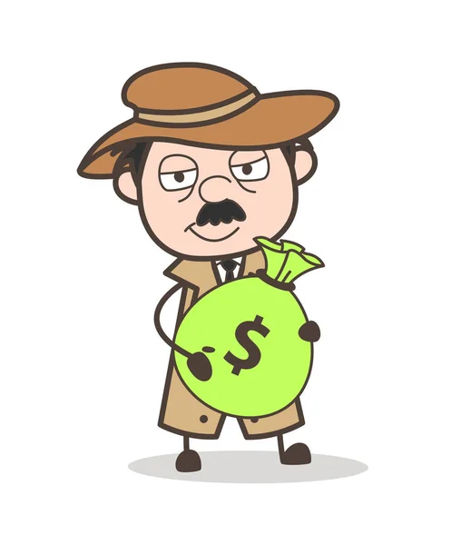Cartoon Detective houdt een geld tas vectorillustratie — Stockvector