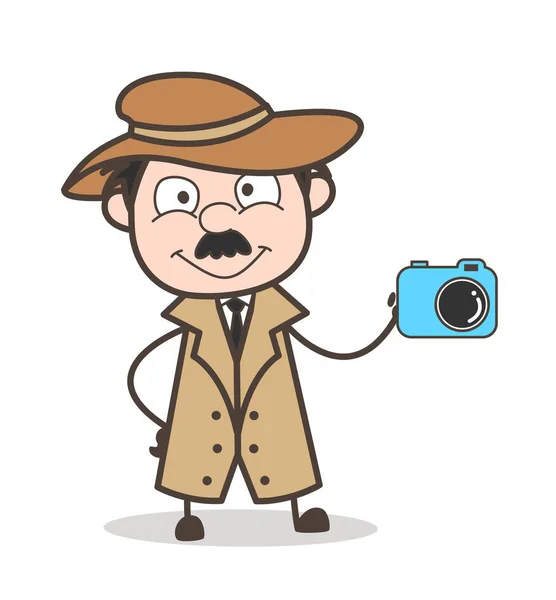 Cartoon Detective Haciendo Anuncio para Cámara Digital Concepto de Vector — Archivo Imágenes Vectoriales