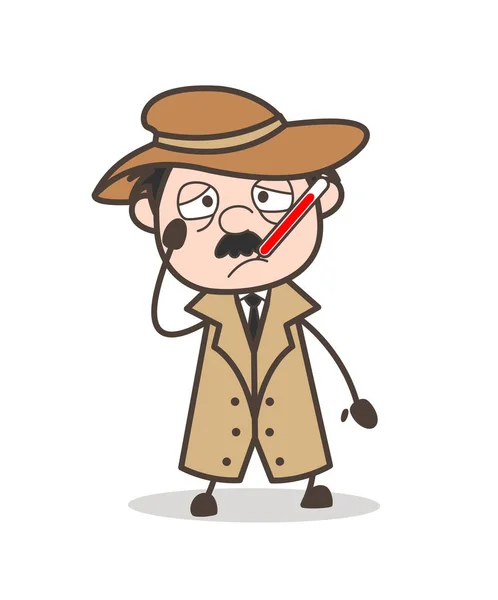 Cartoon Ill Detective with Fever Temperature in Mouth Vector Illustration — Stock Vector