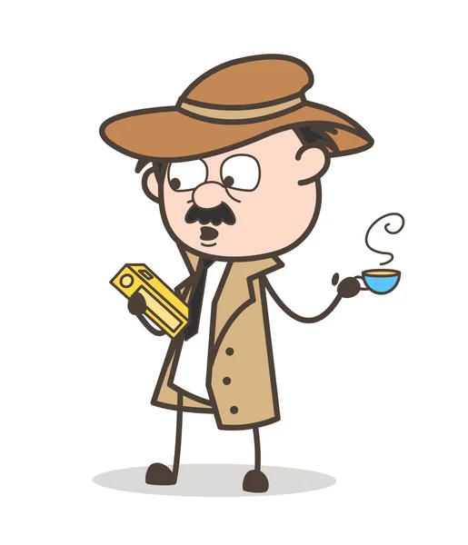 Detective dei cartoni animati che legge un libro e beve un'illustrazione vettoriale di tè caldo — Vettoriale Stock