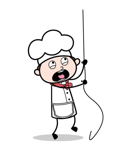 Chef spaventato dai cartoni animati che cerca di scalare l'illustrazione del vettore della corda — Vettoriale Stock