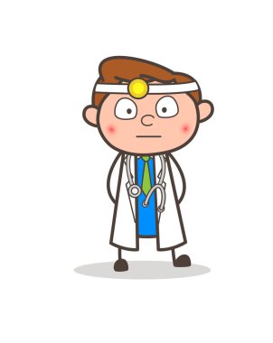 Çizgi film doktor şaşırmış ve yüzü kızaran yüz ifade vektör çizim