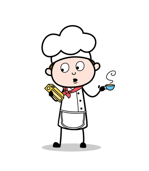 Cartoon Chef in possesso di un libro di ricette e bere caffè caldo vettoriale illustrazione — Vettoriale Stock
