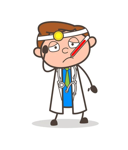 Cartoon Ill Doctor with Fever Temperature in Mouth Vector Illustration — Stock Vector