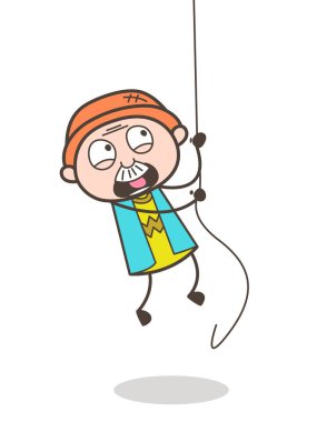 Çizgi film korkmuş büyükbaba ip vektör çizim tırmanmaya çalışıyor