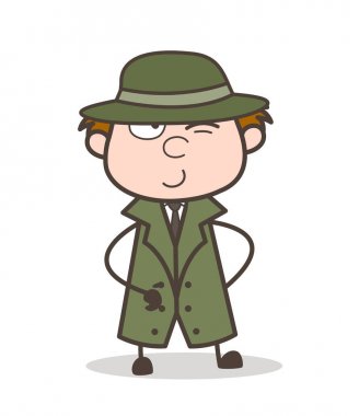 Çizgi film Dedektif yaramaz gülümseme ve göz vektör çizim göz kırpıyor