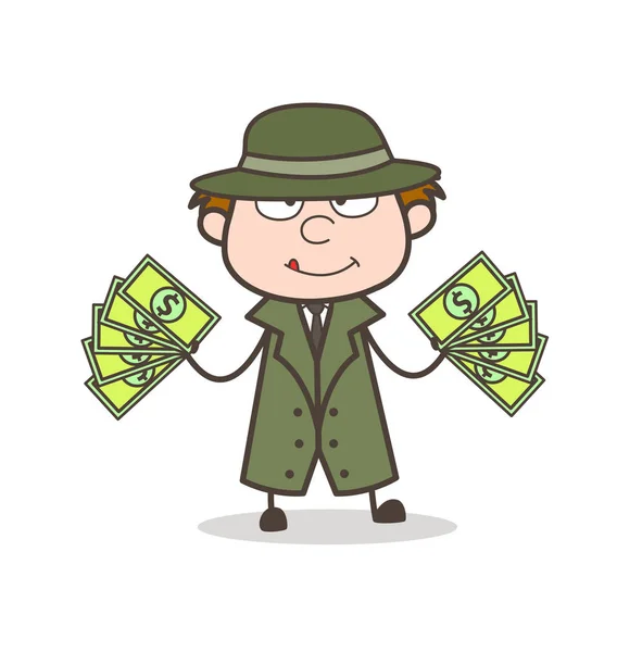 Cartoon Detective with Lots of Money Vector Illustration — Stock Vector