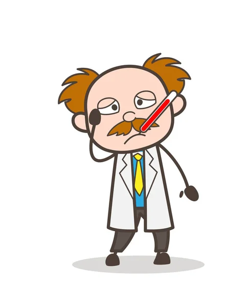 Cartoon Scientist Face with Medical Thermometer Vector Illustration — Stock Vector