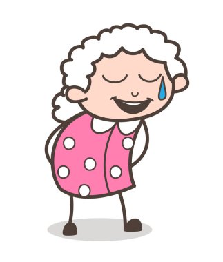 Çizgi film büyükanne gülümseyen yüzü açık ağız ve soğuk ter vektör