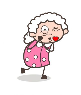 Bir uçan öpücük vektör çizim veren çizgi film yaşlı Nine