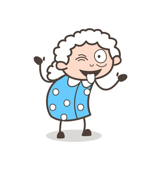 Πρόσωπο γιαγιά κινούμενων σχεδίων με τη γλώσσα Stuckout και κλείνοντας το μάτι μάτι — Διανυσματικό Αρχείο