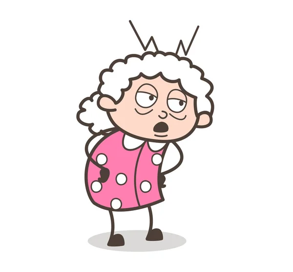 Rajzfilm unatkozó öreg hölgy arc kifejezése vektoros illusztráció — Stock Vector