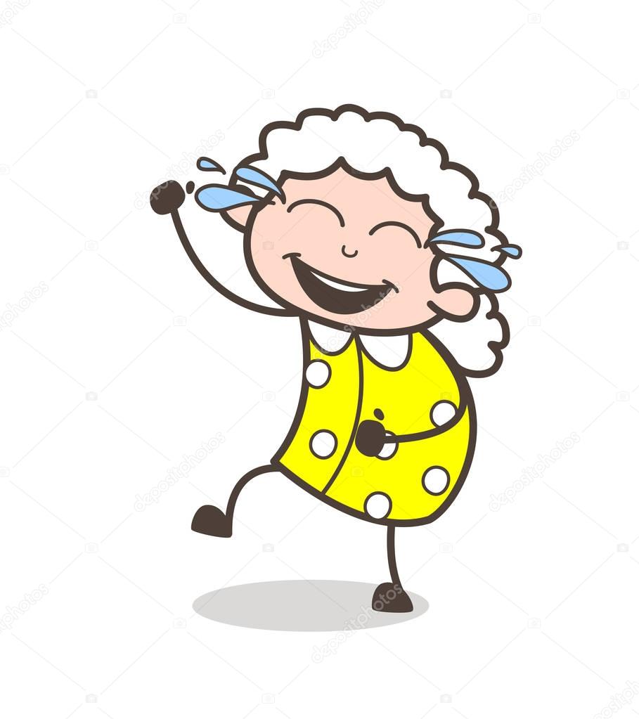 Cartoon Funny Granny Laughing with Joy of Tears Vector Illustration