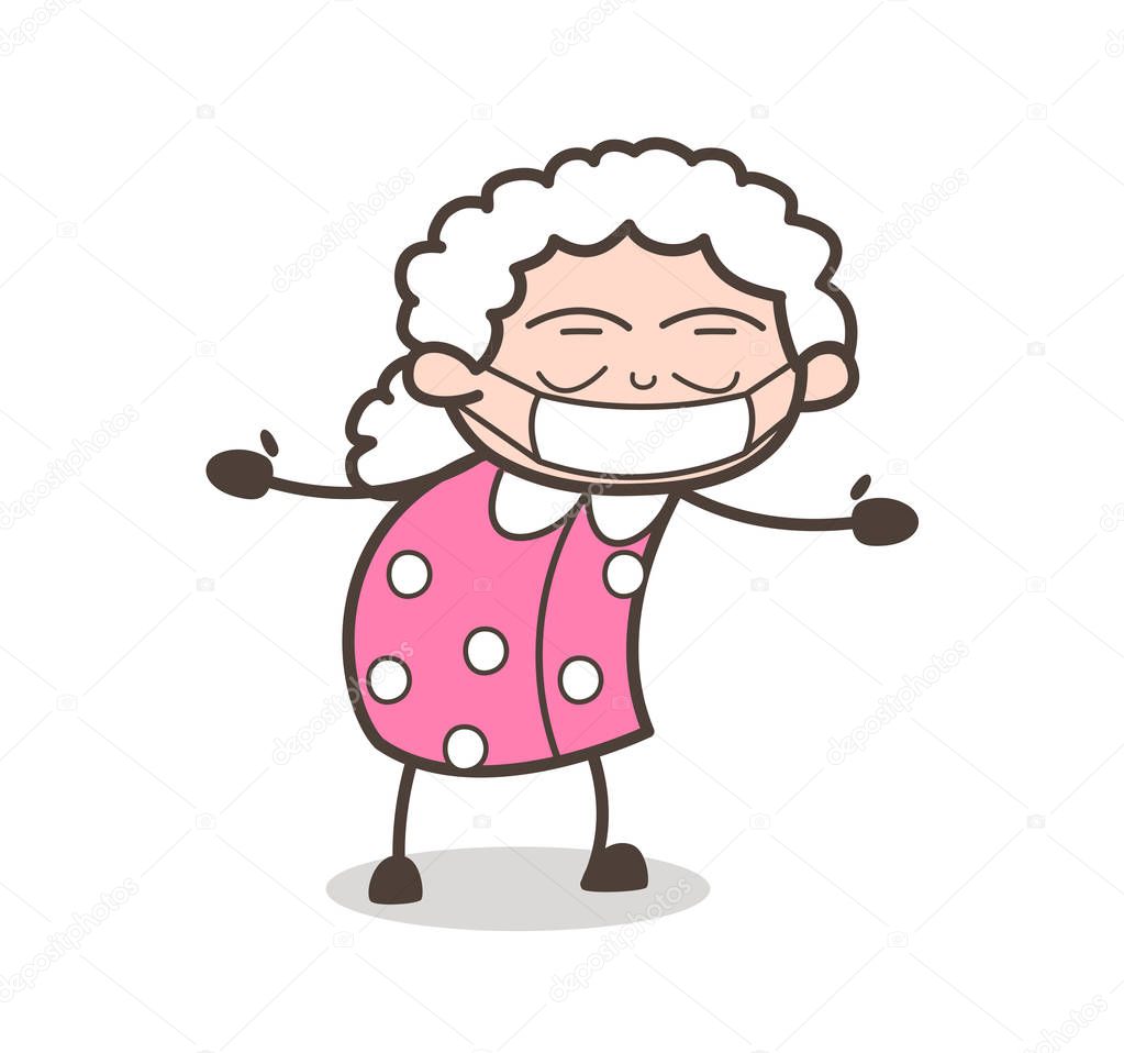 Cartoon Old Granny with Pollution Face Mask