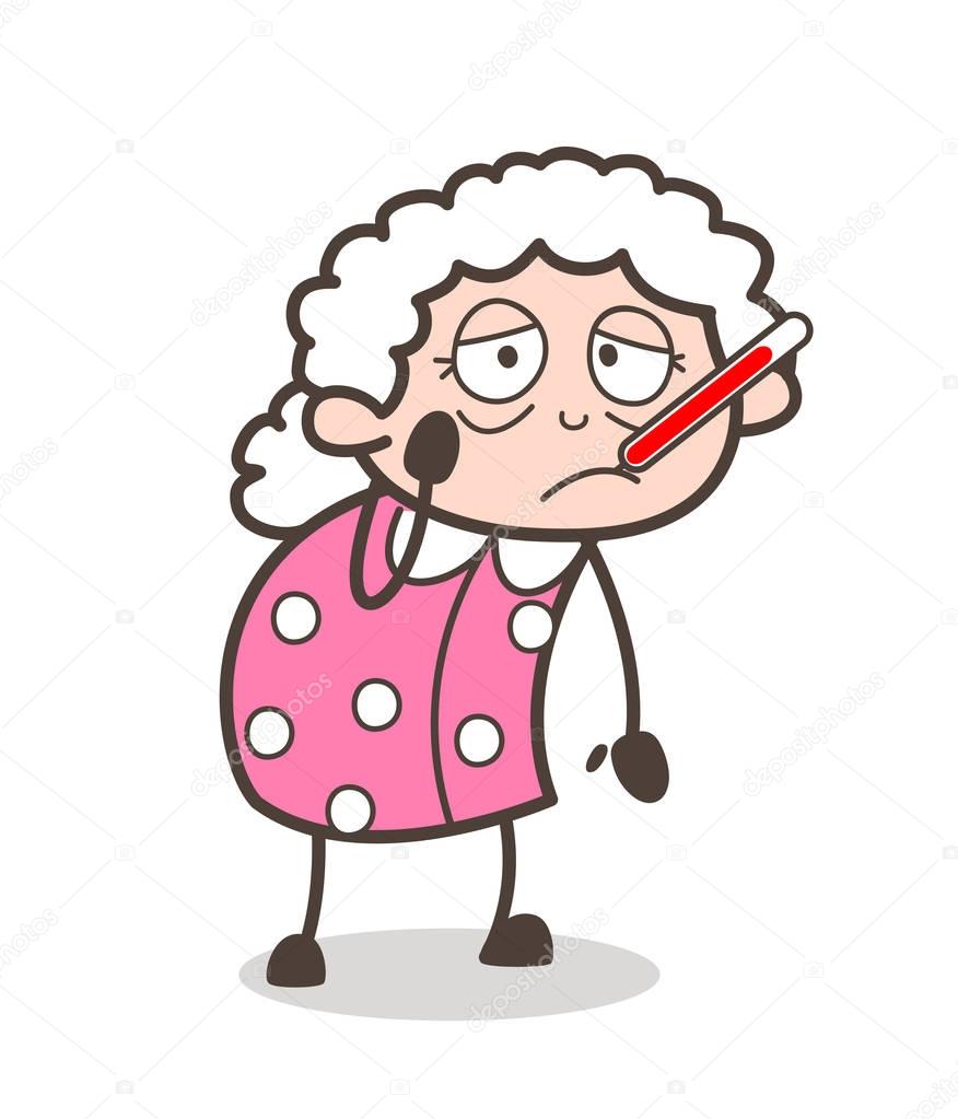 Cartoon Ill Old Woman with Fever Temperature in Mouth Vector Illustration