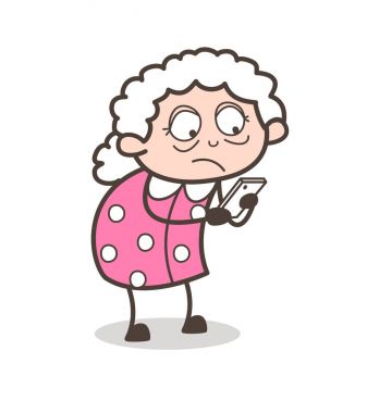 Akıllı telefon vektör çizim iletilerini çizgi film yaşlı kadın okuyor