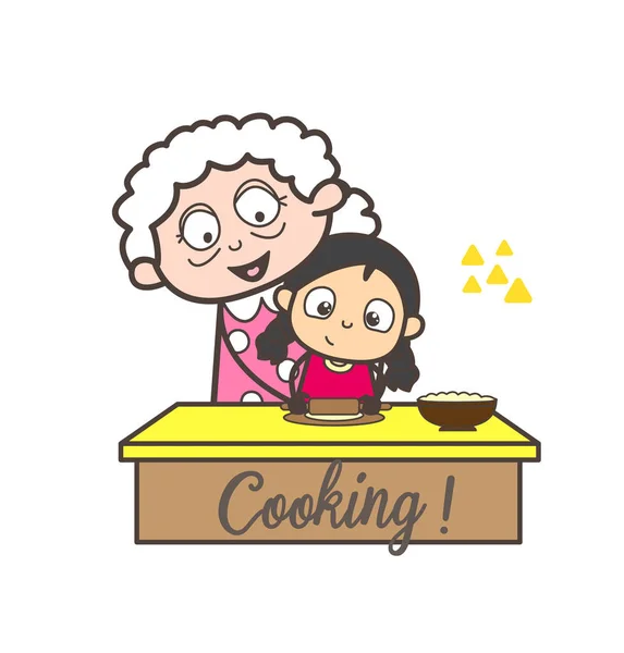Cartoon Granny Teaching Cooking to Her Granddaughter Vector Illustration — Stock Vector