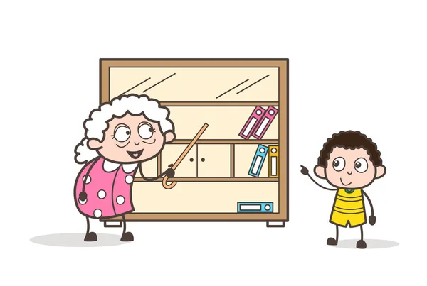 Cartone animato nonnina mostra libri scaffale a suo nipote vettoriale grafica — Vettoriale Stock