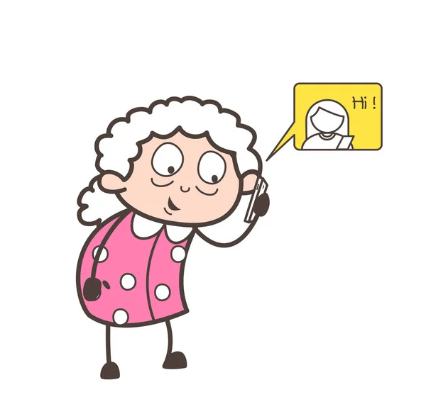 Dessin animé Grand-mère bavarder sur Mobile Vector Concept — Image vectorielle