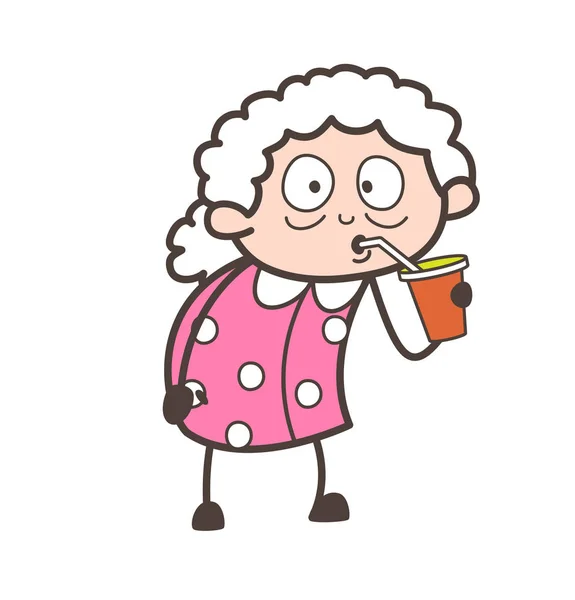 Γελοιογραφία γιαγιά πίνει χυμό εικονογράφηση διάνυσμα — Διανυσματικό Αρχείο