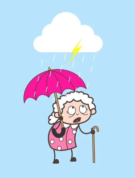 Cartoon Granny Standing in Rain Vector Illustration — Stock Vector