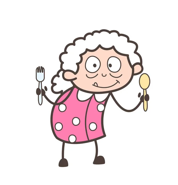 Cartoon Granny Showing Kitchen Utensils Vector Illustration — Stock Vector