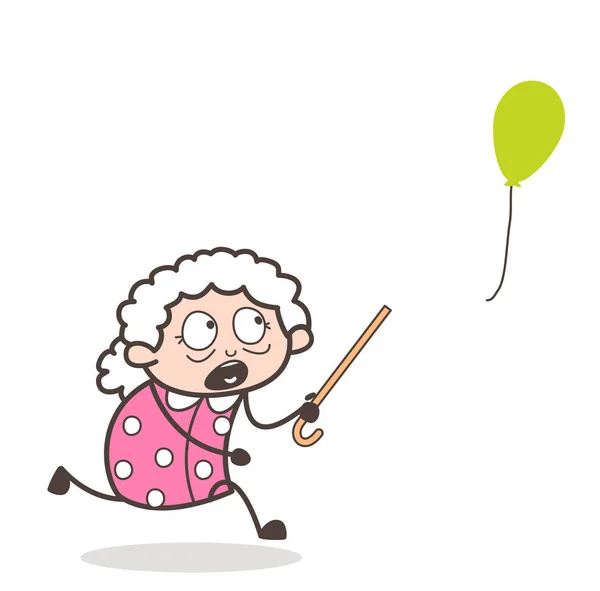 Kreslený babička běh chytit balón vektorové ilustrace — Stockový vektor