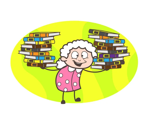 Grand-mère de bande dessinée présentant troupeau de livres Illustration vectorielle — Image vectorielle