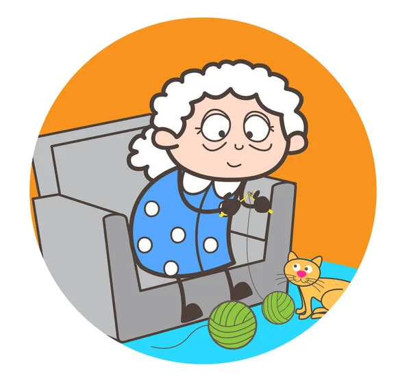 Dibujos animados Old Woman Makeing Woolen Dress Vector Illustration — Vector de stock