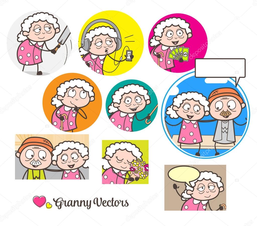 Cartoon Granny's Many Concepts Graphics Vector Illustrations