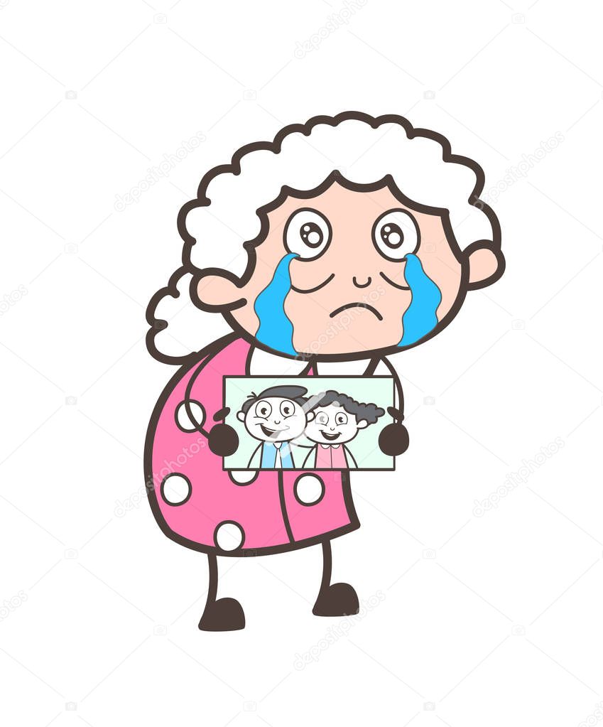 Sad Granny Showing Their Lost Grand-Children Pictures Vector Illustration