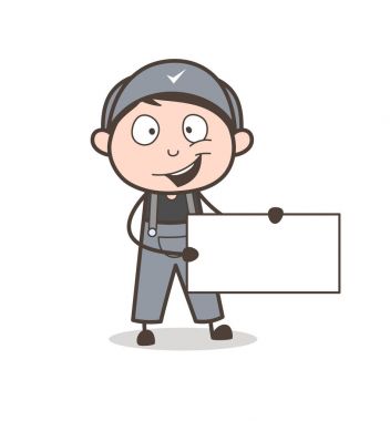 Karikatür mutlu işçi boş bilgi afiş vektör çizim gösterilen