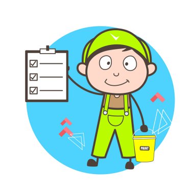 Çizgi film ressam Holding boya kovası ve denetim listesi vektör