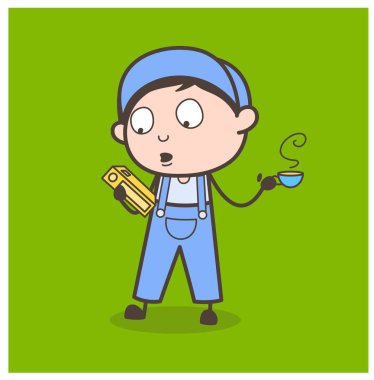 Çizgi film genç çocuk tutan bir kitap ve sıcak çay vektör çizim