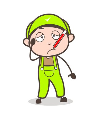 Çizgi film kötü çocuk ateş termometre içinde ağız vektör çizim ile