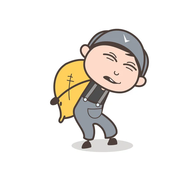 Cartoon Young Boy Trying to Carry Heavy Sack Pack Vector Illustration — Stock Vector