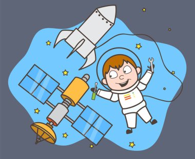 Çizgi film teknik astronot uydular vektör çizim onarma