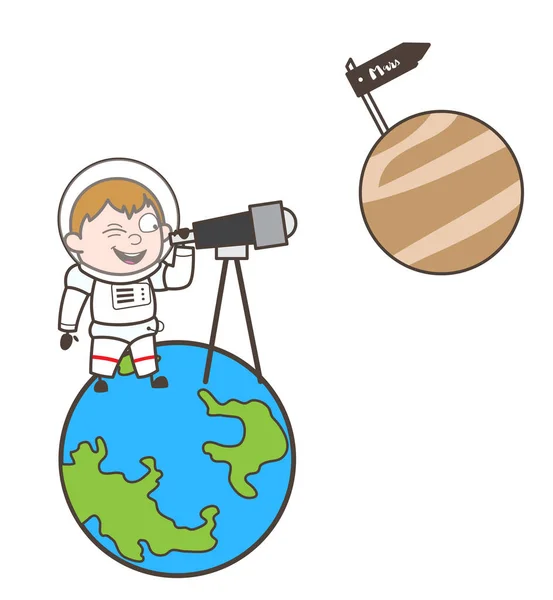Cosmonauta de dibujos animados observando el planeta Marte a través del telescopio Vector Ilustración — Vector de stock