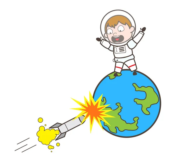 Cosmonauta asustado de dibujos animados tratar de escapar de Rocket Vector Ilustración — Vector de stock