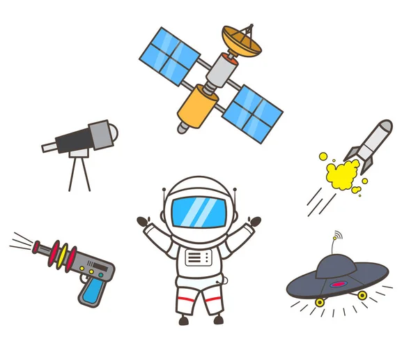 Γελοιογραφία αστροναύτης παρουσιάζοντας χώρο εικονογράφηση διανυσματικά αντικείμενα — Διανυσματικό Αρχείο